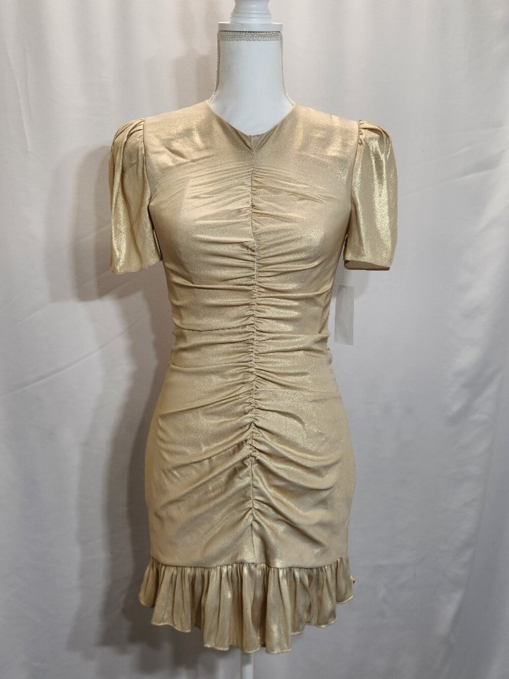 Dress The Population Chandler Gold Metallic Ruched Mini Dress Size S NWT